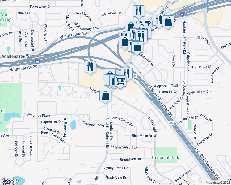 map of restaurants, bars, coffee shops, grocery stores, and more near 1231 North Little School Road in Arlington