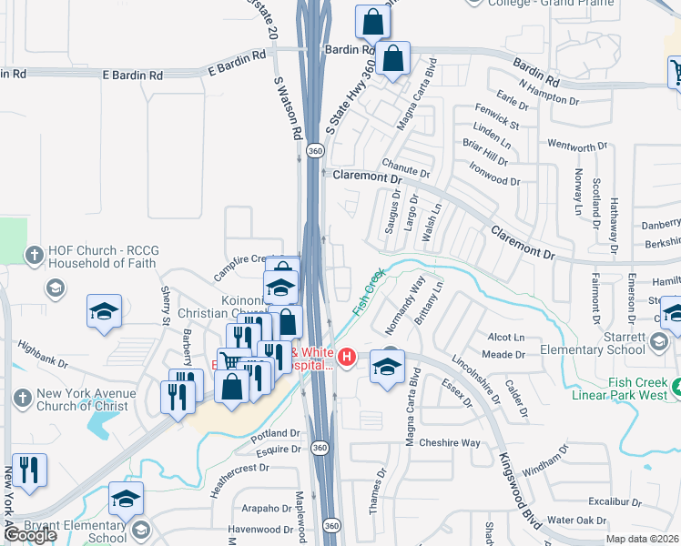 map of restaurants, bars, coffee shops, grocery stores, and more near 4450 South State Highway 360 in Grand Prairie
