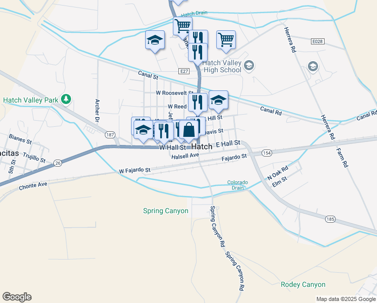map of restaurants, bars, coffee shops, grocery stores, and more near 111 West Hall Street in Hatch