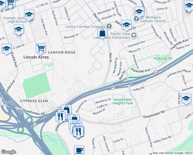 map of restaurants, bars, coffee shops, grocery stores, and more near 5855 Reo Terrace in San Diego