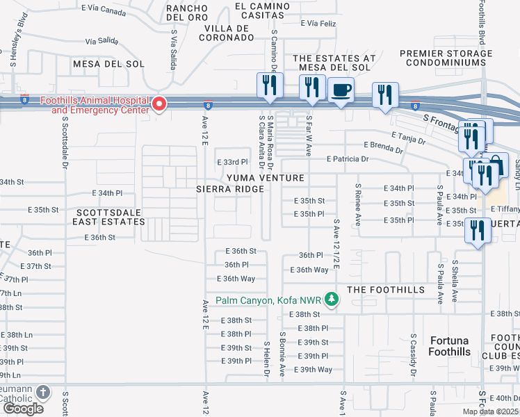 map of restaurants, bars, coffee shops, grocery stores, and more near 11374 South Maria Rosa Drive in Yuma