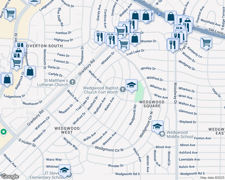 map of restaurants, bars, coffee shops, grocery stores, and more near 5517 Waltham Avenue in Fort Worth