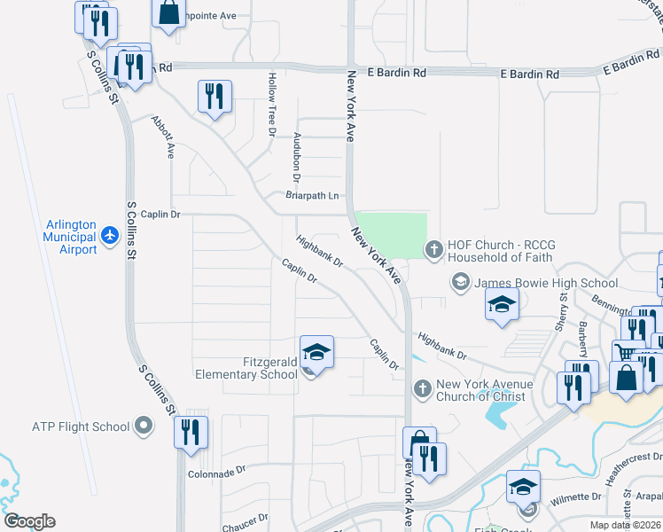 map of restaurants, bars, coffee shops, grocery stores, and more near 4926 Highbank Drive in Arlington