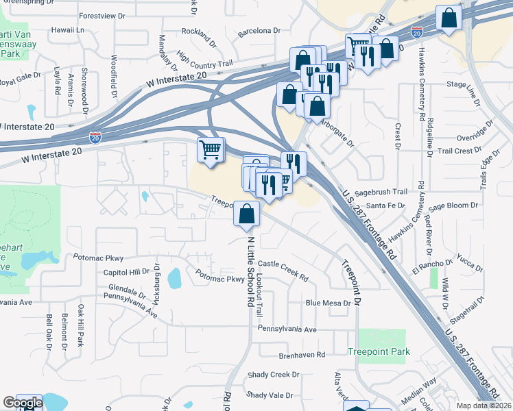 map of restaurants, bars, coffee shops, grocery stores, and more near 1231 North Little School Road in Arlington