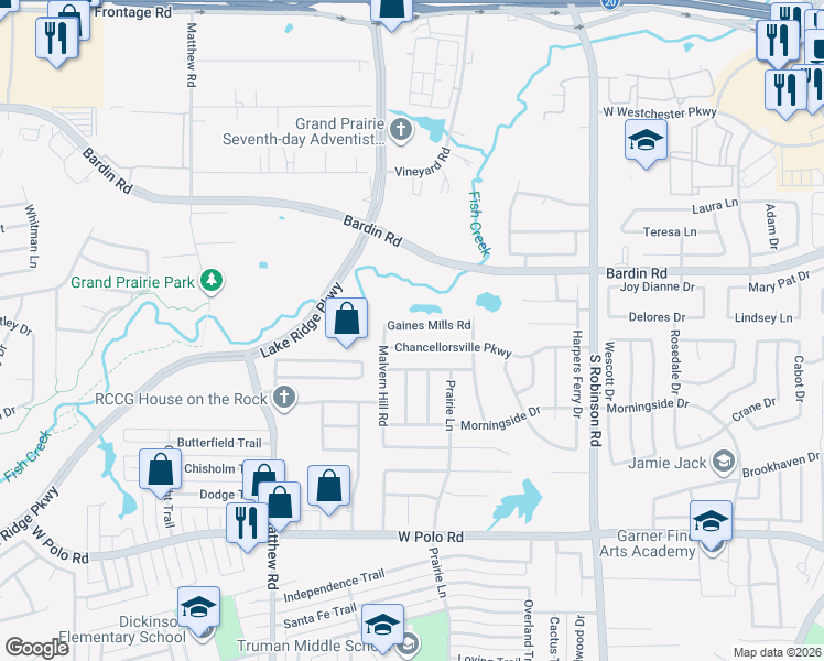 map of restaurants, bars, coffee shops, grocery stores, and more near 1119 Gaines Mills Road in Grand Prairie
