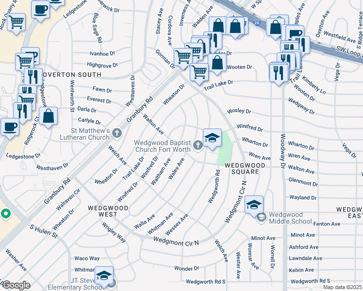 map of restaurants, bars, coffee shops, grocery stores, and more near 5517 Waltham Avenue in Fort Worth