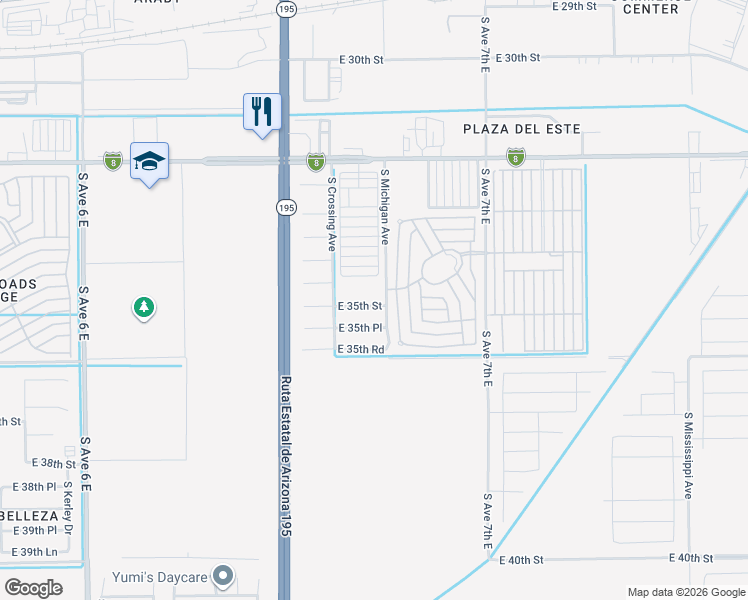 map of restaurants, bars, coffee shops, grocery stores, and more near S Michigan Ave in Yuma