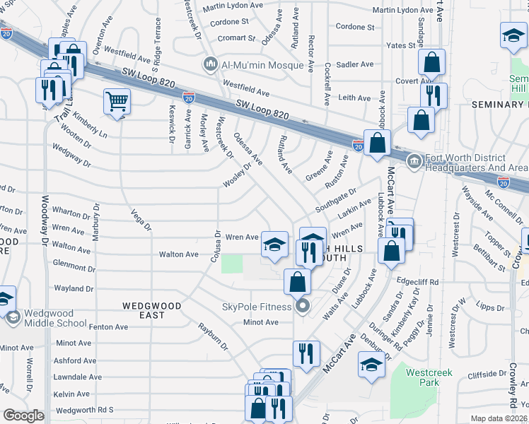 map of restaurants, bars, coffee shops, grocery stores, and more near 5600 Westcreek Drive in Fort Worth