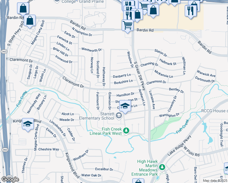 map of restaurants, bars, coffee shops, grocery stores, and more near 2662 Claremont Drive in Grand Prairie