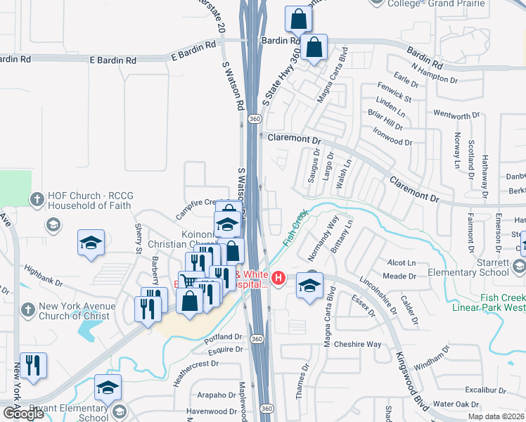 map of restaurants, bars, coffee shops, grocery stores, and more near 4350 South Watson Road in Arlington