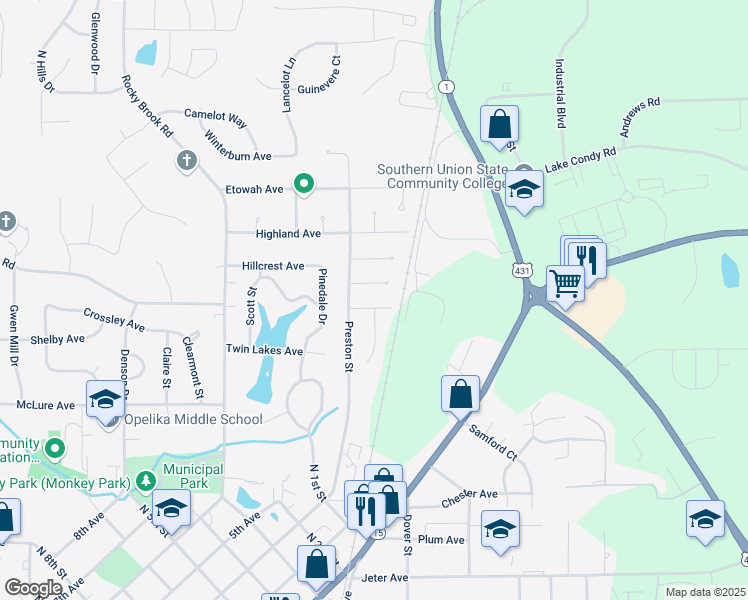 map of restaurants, bars, coffee shops, grocery stores, and more near 1503 Preston Street in Opelika