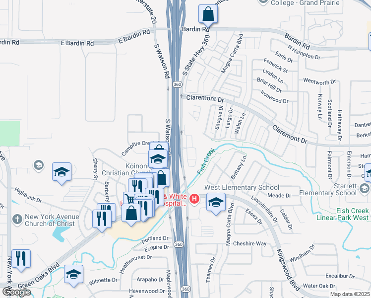 map of restaurants, bars, coffee shops, grocery stores, and more near 4350 South Watson Road in Arlington