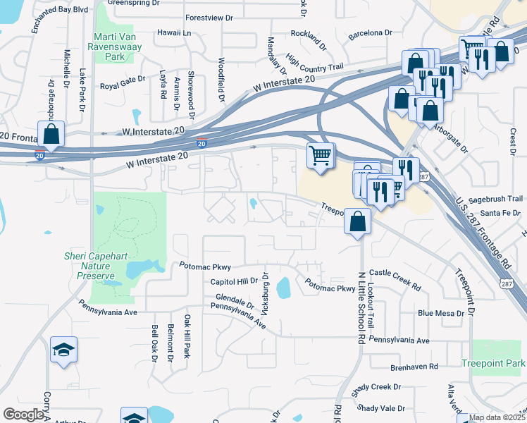 map of restaurants, bars, coffee shops, grocery stores, and more near 5015 Ridgetree Lane in Arlington