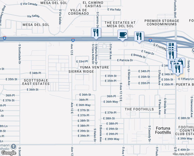 map of restaurants, bars, coffee shops, grocery stores, and more near 11374 South Maria Rosa Drive in Yuma