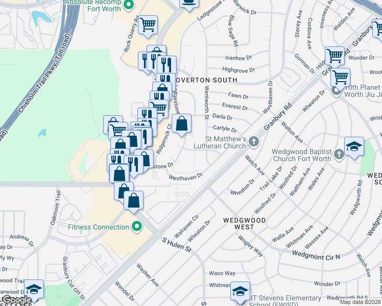 map of restaurants, bars, coffee shops, grocery stores, and more near 4812 Albermarle Drive in Fort Worth