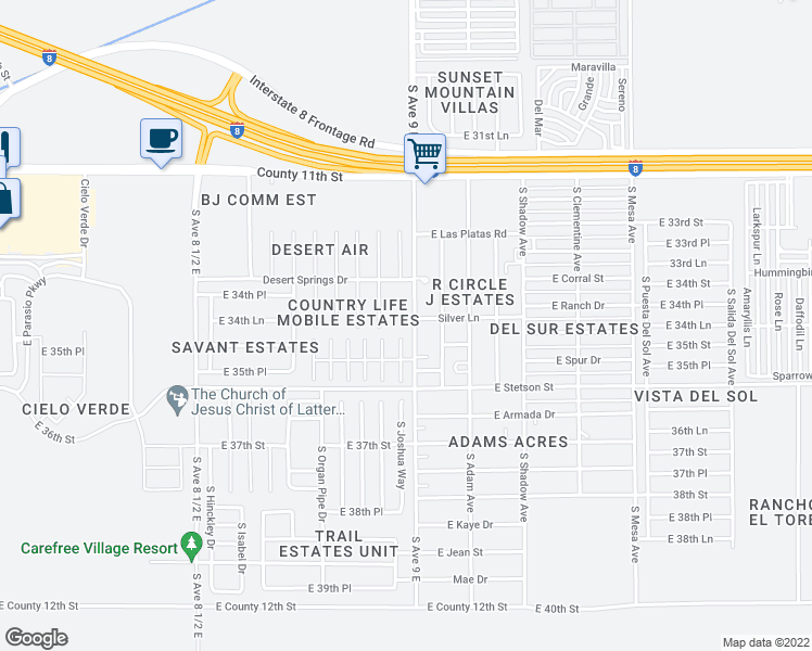 map of restaurants, bars, coffee shops, grocery stores, and more near 11386 South Avenue 9 East in Yuma