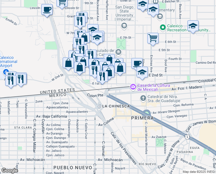 map of restaurants, bars, coffee shops, grocery stores, and more near 12 Heffernan Avenue in Calexico