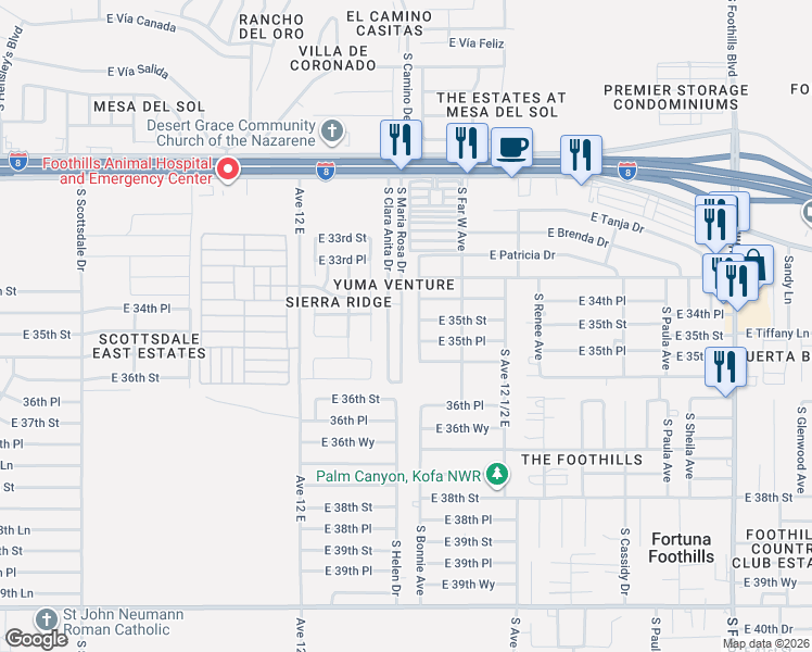 map of restaurants, bars, coffee shops, grocery stores, and more near 11374 South Maria Rosa Drive in Yuma