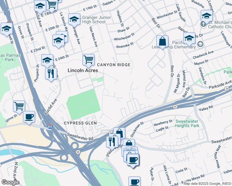 map of restaurants, bars, coffee shops, grocery stores, and more near 2941 Baker Place in National City