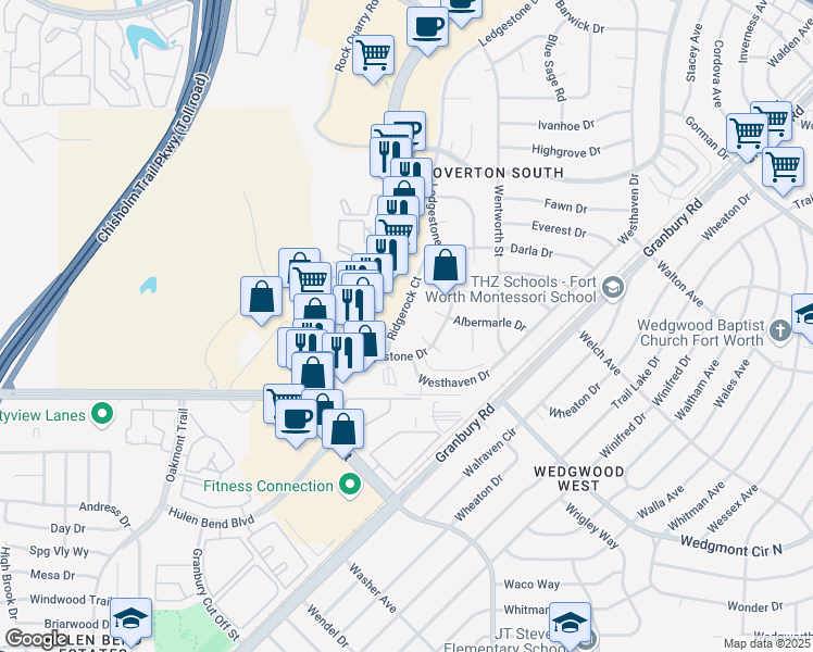 map of restaurants, bars, coffee shops, grocery stores, and more near 5714 Ridgerock Court in Fort Worth