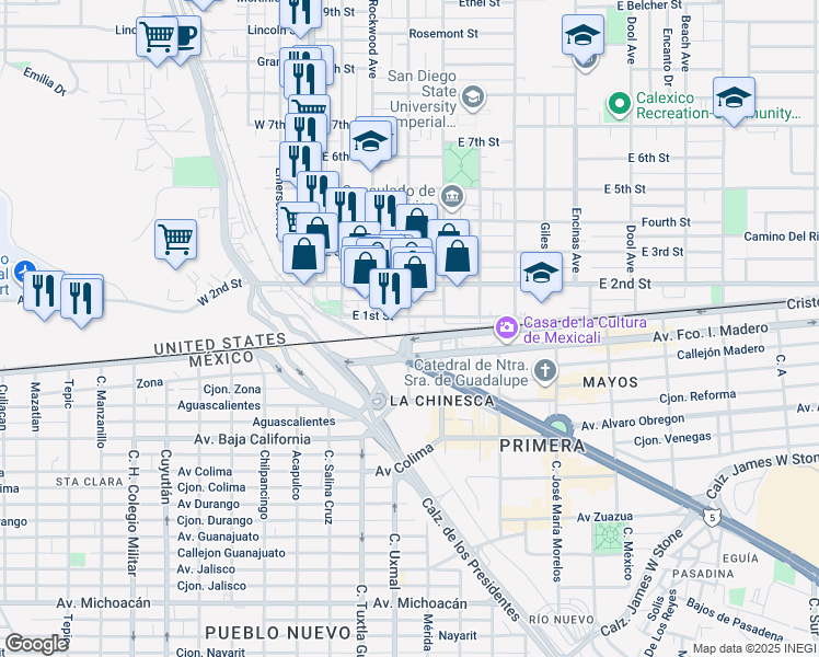 map of restaurants, bars, coffee shops, grocery stores, and more near 12 Heffernan Avenue in Calexico