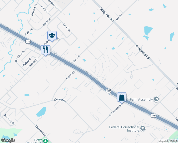 map of restaurants, bars, coffee shops, grocery stores, and more near 205 Creekside Circle in Seagoville