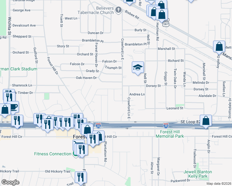 map of restaurants, bars, coffee shops, grocery stores, and more near 6400 David Lane in Forest Hill