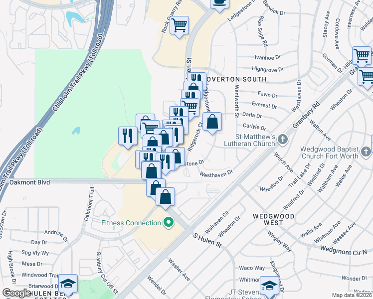 map of restaurants, bars, coffee shops, grocery stores, and more near 5714 Ridgerock Court in Fort Worth