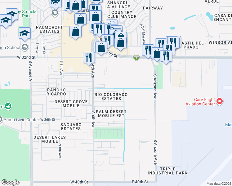 map of restaurants, bars, coffee shops, grocery stores, and more near 50 West El Camino Drive in Yuma