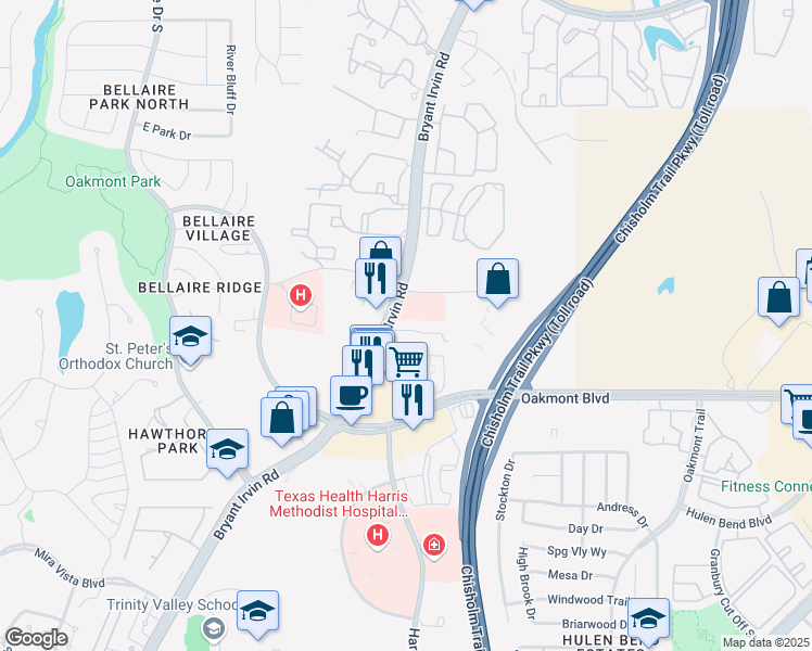 map of restaurants, bars, coffee shops, grocery stores, and more near 5729 Bryant Irvin Road in Fort Worth