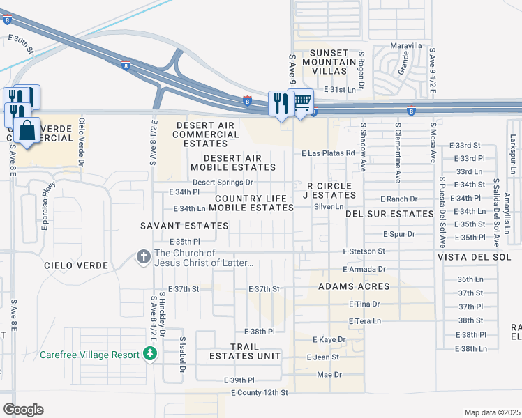 map of restaurants, bars, coffee shops, grocery stores, and more near 11377 South Prickly Pear Lane in Yuma