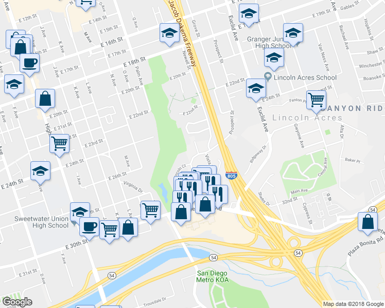 map of restaurants, bars, coffee shops, grocery stores, and more near 2646 Grove Street in National City