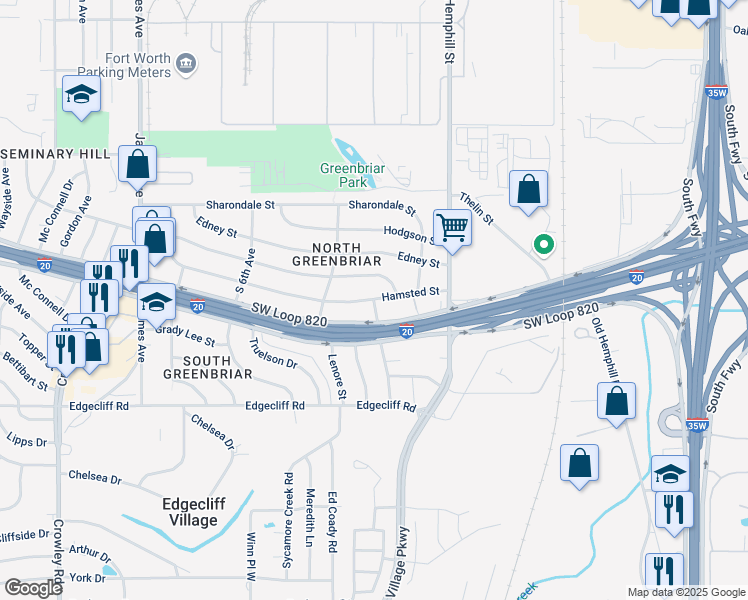 map of restaurants, bars, coffee shops, grocery stores, and more near 4860 Melody Street in Fort Worth