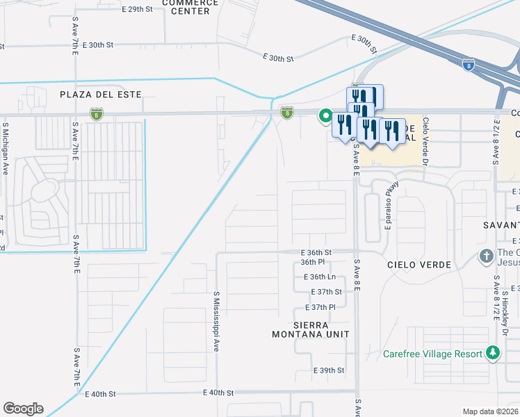 map of restaurants, bars, coffee shops, grocery stores, and more near East 36th Street in Yuma