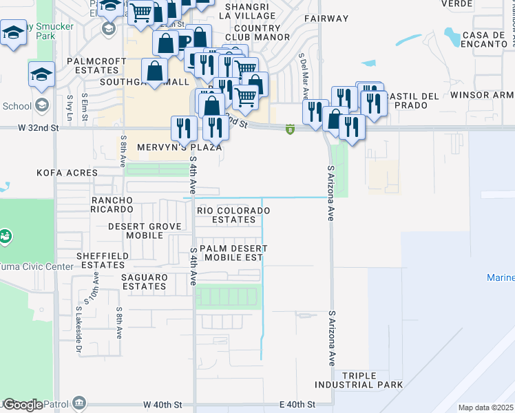 map of restaurants, bars, coffee shops, grocery stores, and more near 50 West El Camino Drive in Yuma