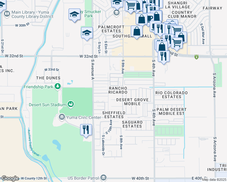 map of restaurants, bars, coffee shops, grocery stores, and more near South 9th Avenue in Yuma