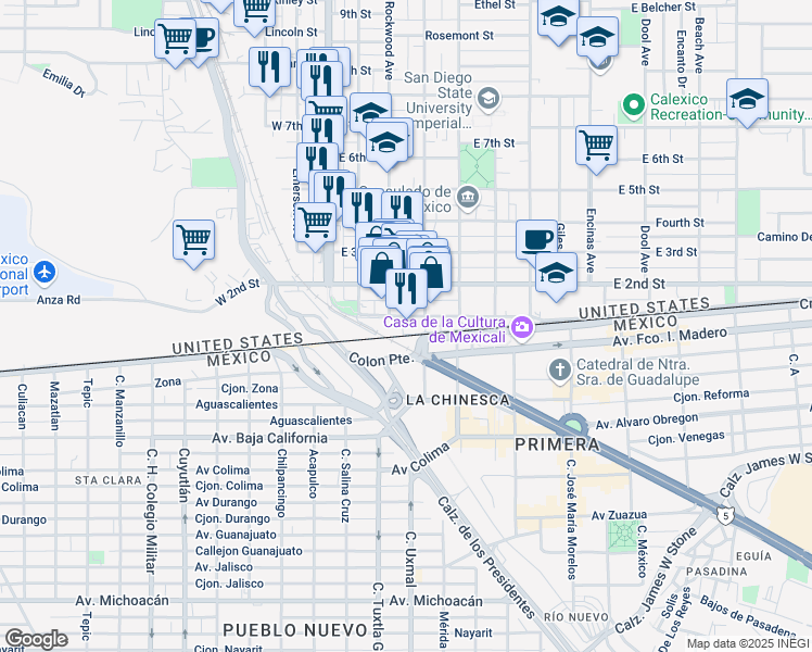 map of restaurants, bars, coffee shops, grocery stores, and more near 234 E 1st St in Calexico