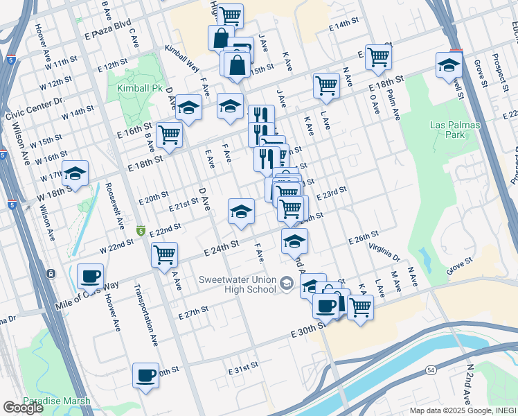 map of restaurants, bars, coffee shops, grocery stores, and more near 118 East 22nd Street in National City
