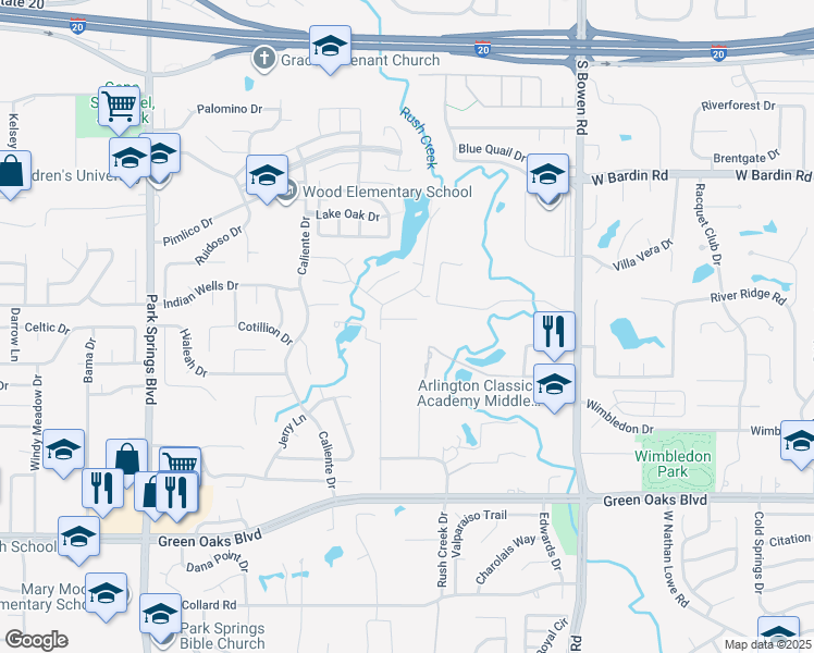 map of restaurants, bars, coffee shops, grocery stores, and more near 3006 Stone Bluff Court in Arlington