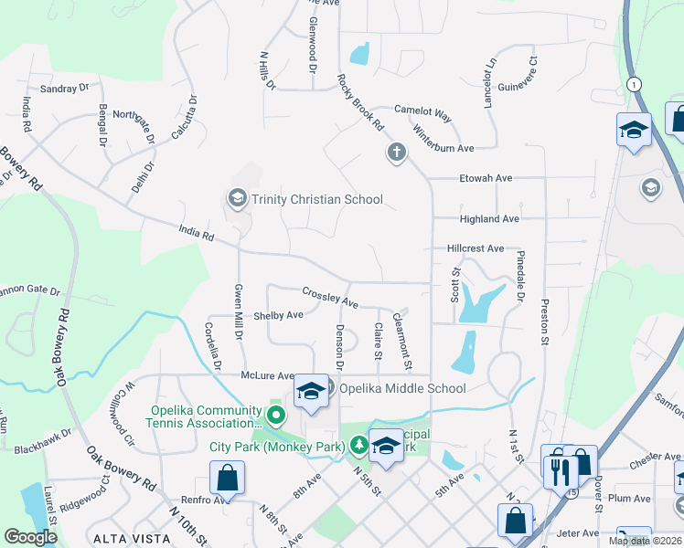 map of restaurants, bars, coffee shops, grocery stores, and more near 706 India Road in Opelika