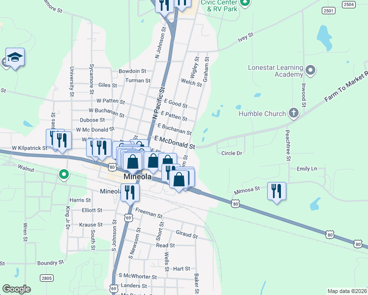 map of restaurants, bars, coffee shops, grocery stores, and more near 415 East McDonald Street in Mineola