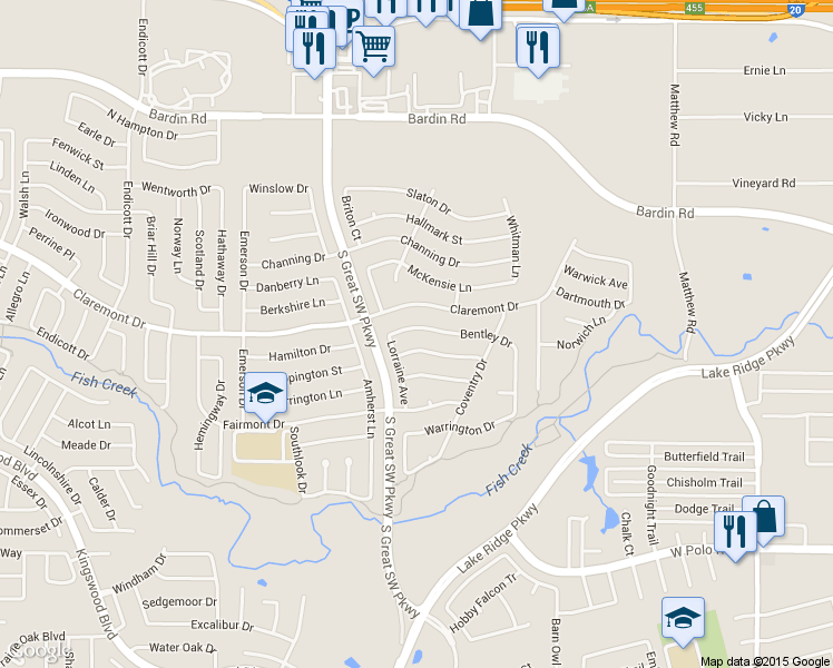 map of restaurants, bars, coffee shops, grocery stores, and more near 2517 Bentley Drive in Grand Prairie