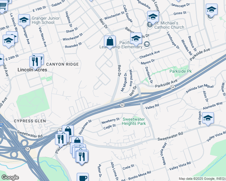 map of restaurants, bars, coffee shops, grocery stores, and more near 3170 Reo Drive in San Diego