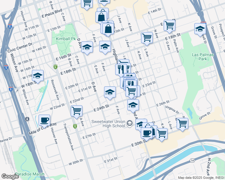 map of restaurants, bars, coffee shops, grocery stores, and more near 203 F Avenue in National City