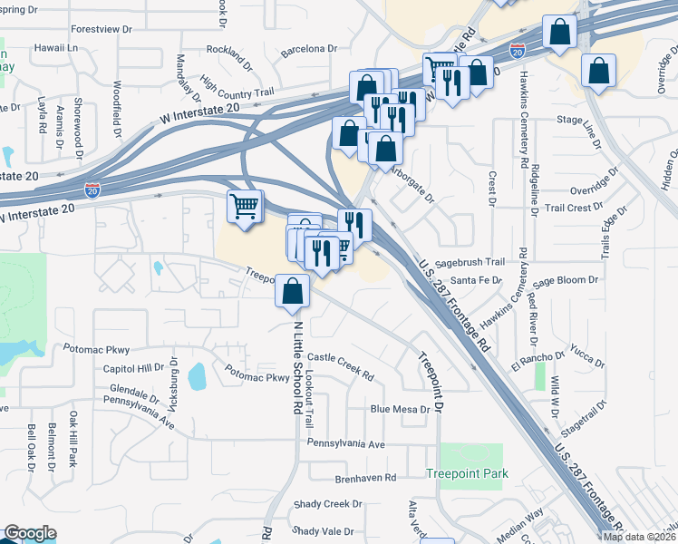 map of restaurants, bars, coffee shops, grocery stores, and more near 5045 Little School Road in Arlington