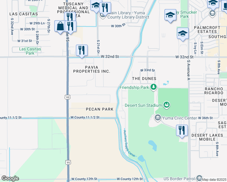 map of restaurants, bars, coffee shops, grocery stores, and more near 1930 West Country Lane in Yuma