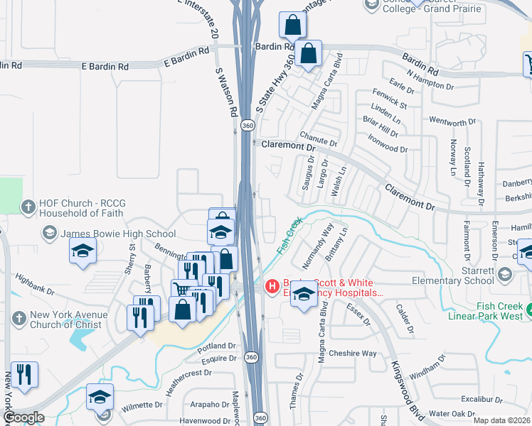 map of restaurants, bars, coffee shops, grocery stores, and more near 4350 South Watson Road in Arlington