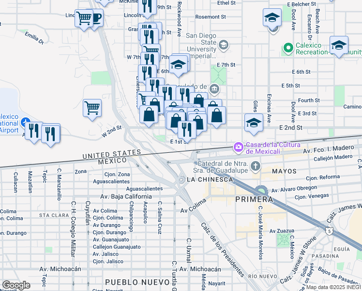 map of restaurants, bars, coffee shops, grocery stores, and more near 200 East 1st Street in Calexico