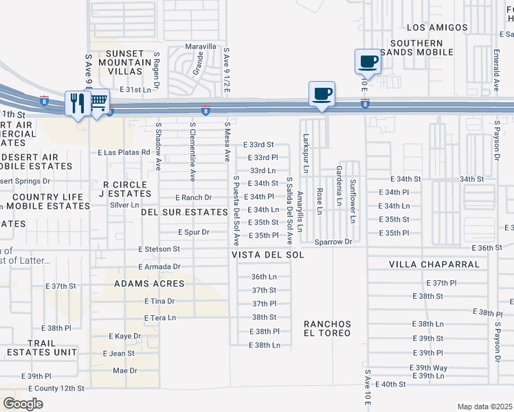 map of restaurants, bars, coffee shops, grocery stores, and more near 9593 34th Place in Yuma
