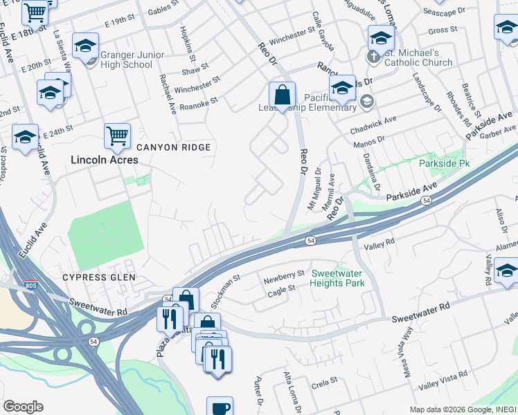 map of restaurants, bars, coffee shops, grocery stores, and more near 5741 Calle Felicidad in San Diego